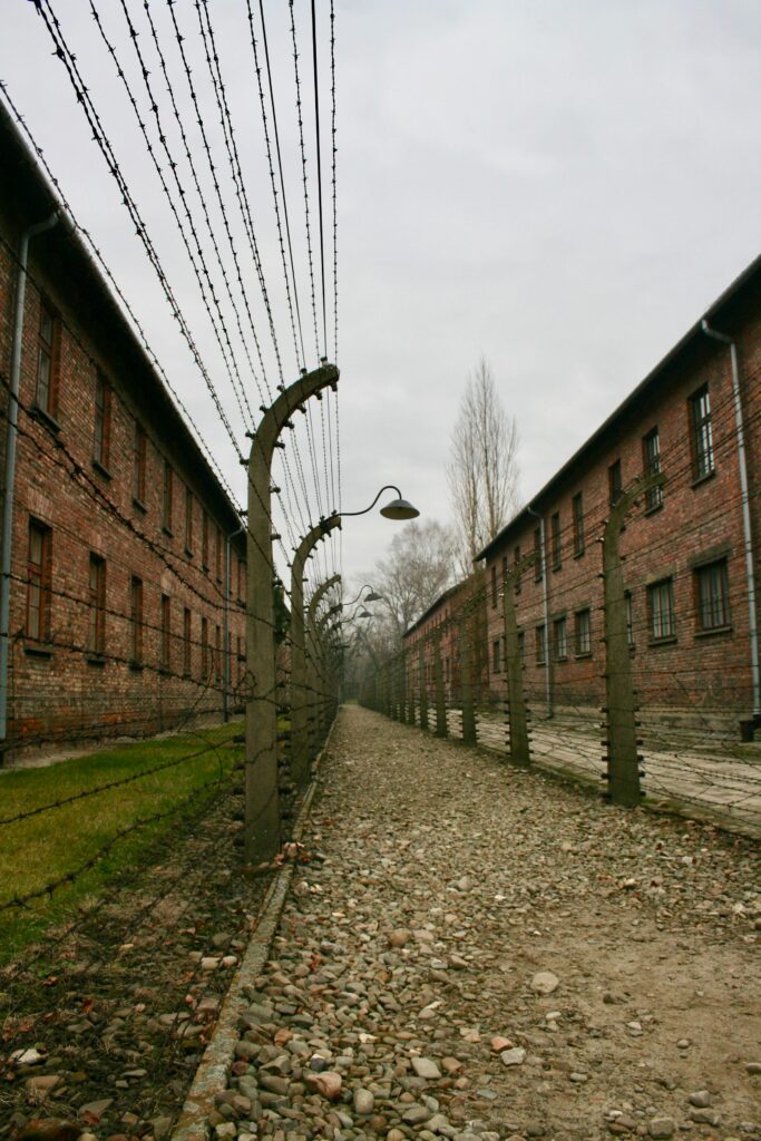 Narrow pathway between barb wire fences separating industrial brick buildings in gloomy day