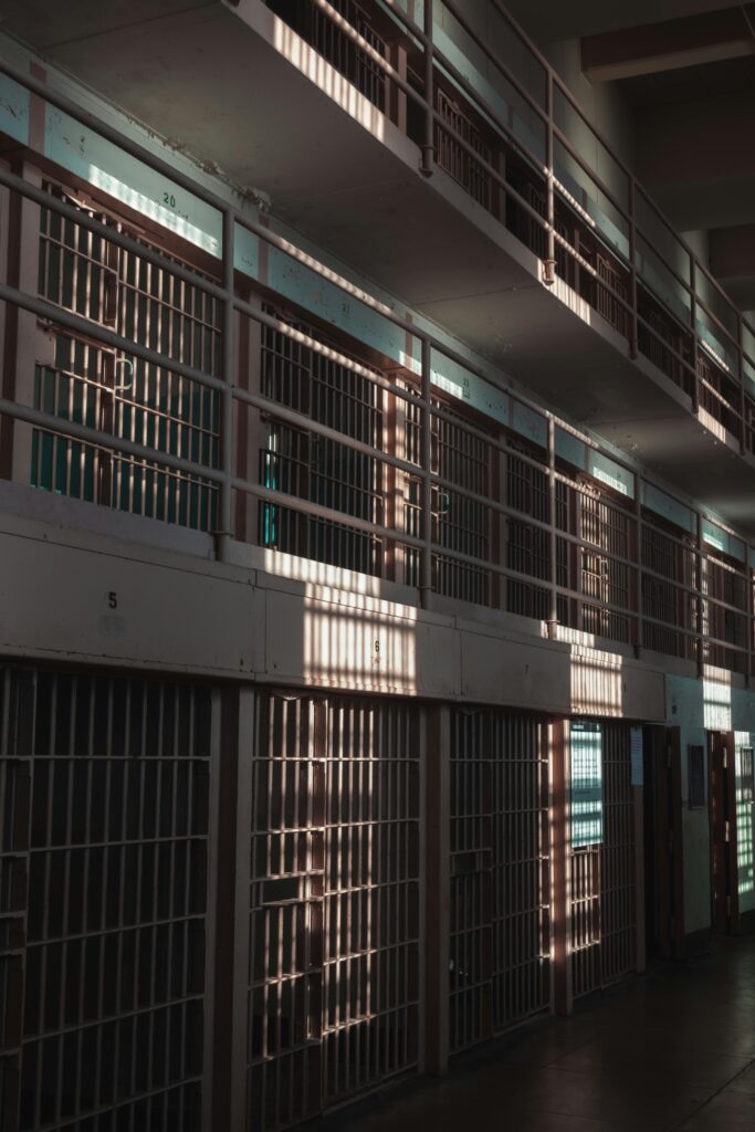 Sunlit Alcatraz prison cell block interior in San Francisco.