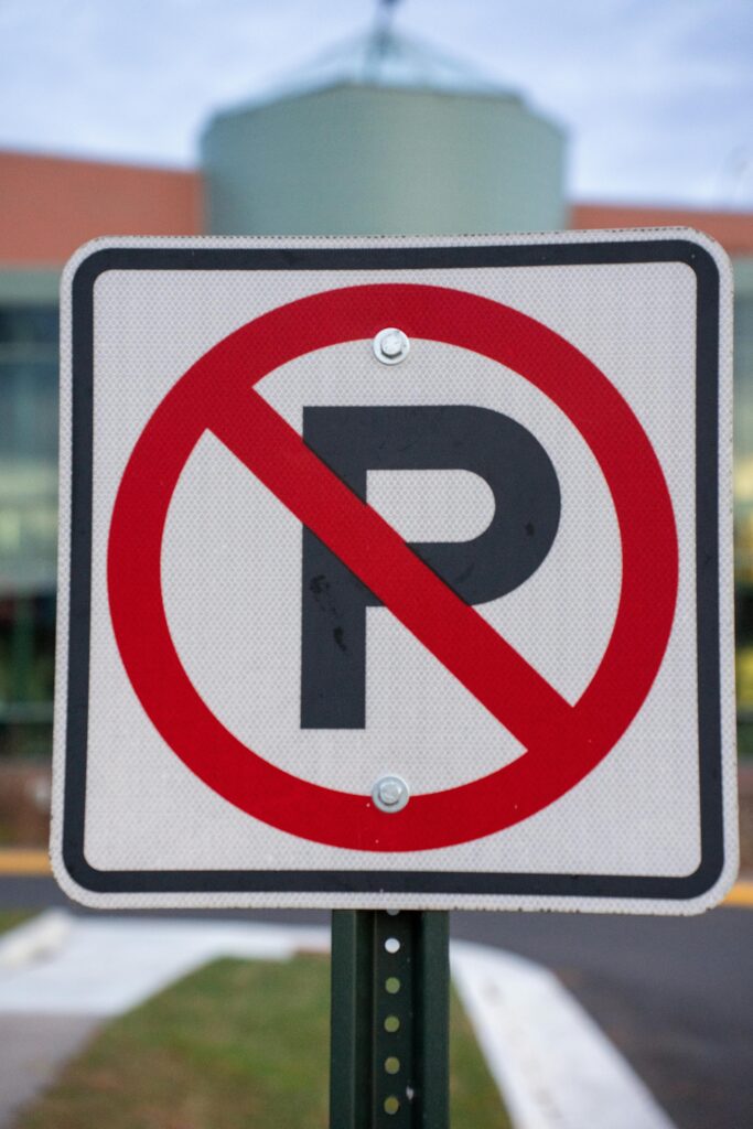 Close-up view of a no parking road sign in Wabasha, Minnesota.